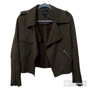 *Haute Monde Olive Green Faux Suede Crop Length Zipper Accent Moto Biker Jacket